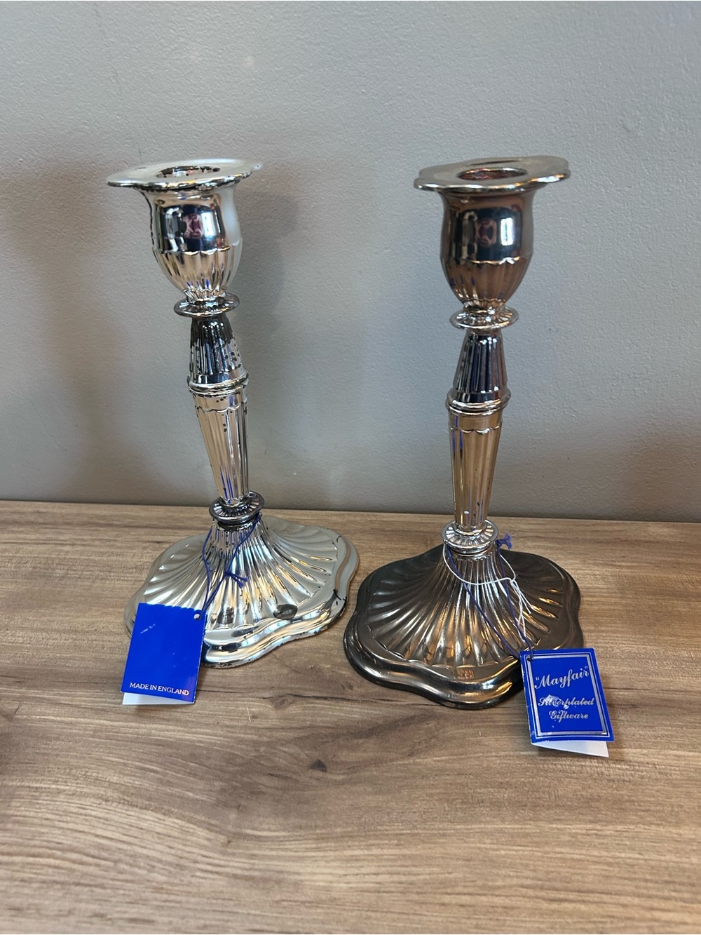 Vintage Silver Pair of Ribbed Metal Candlesticks